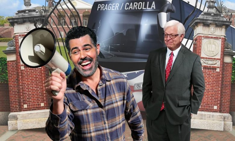 Adam Carolla, Dennis Prager are posing for a picture