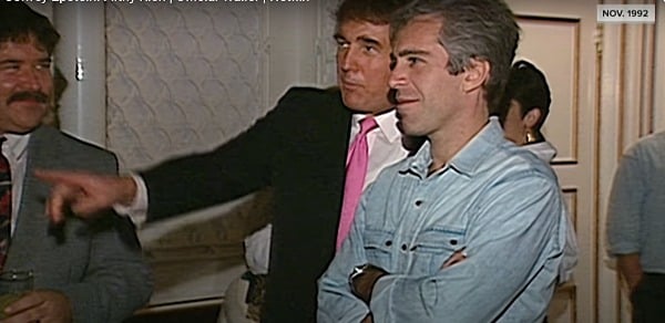A screen shot of Trump and Epstein together, circa 1992, in the Netflix documentary series Jeffrey Epstein: Filthy Rich