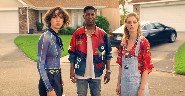 Brigette Lundy-Paine Kid Cudi and Samara Weaving in BILL-TED FACE THE MUSIC 