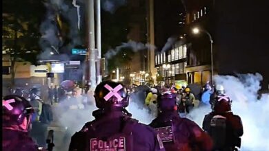Police at an Antifa riot