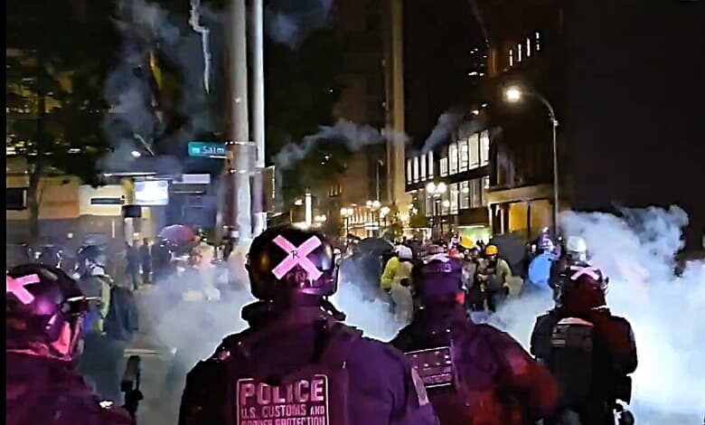 Police at an Antifa riot