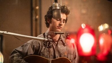 A Complete Unknown review Timothee Chalamet guitar
