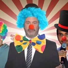 Comedians under trump clown nose on off Kimmel Burr Ansari-