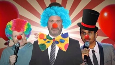 Comedians under trump clown nose on off Kimmel Burr Ansari-