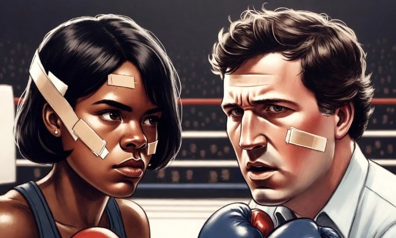 Candace Owens and Tucker Carlson in boxing ring