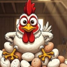 Illustration of chicken sitting on pile of eggs