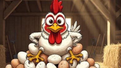 Illustration of chicken sitting on pile of eggs
