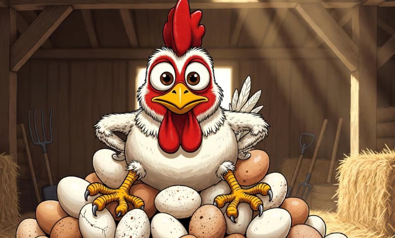 Illustration of chicken sitting on pile of eggs